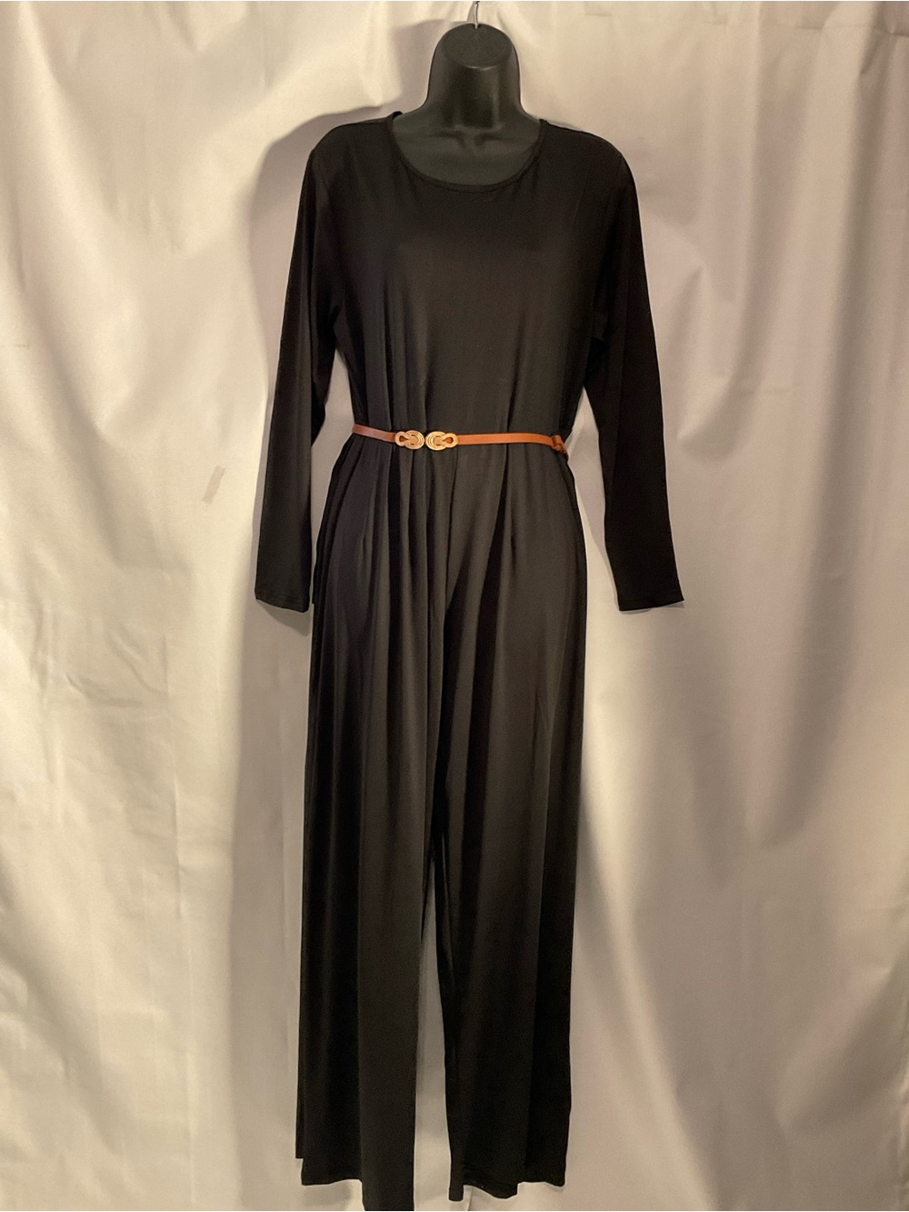 Black Long-Sleeve Wide-Leg Jumpsuit with Tan Belt 2XL